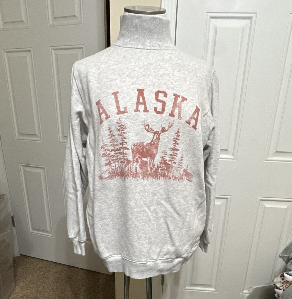 Aerie Unisex XXS Gray Fleece Mock Neck Pullover Sweatshirt Alaska Graphic
